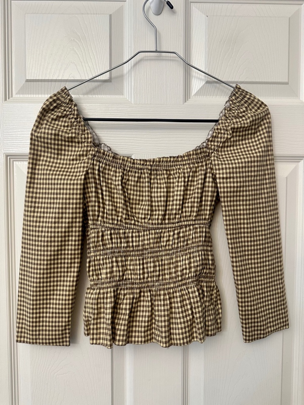 Reformation Beige Gingham Peplum Puff Sleeve Blouse - Picture 6 of 9